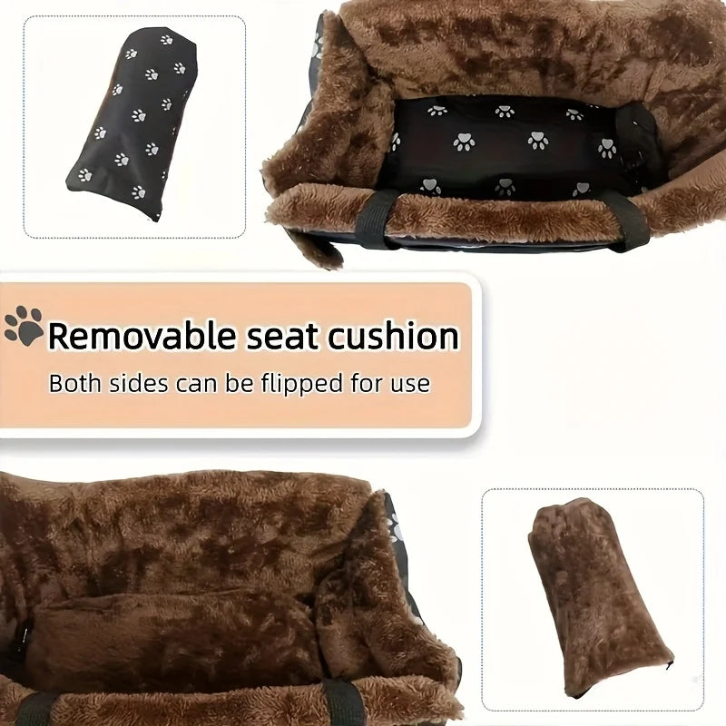 Black Fabric Dog Car Seat - Portable Pet Booster Basket with Paw Print Design, Equipped with Comfort Armrests and Headrest for S